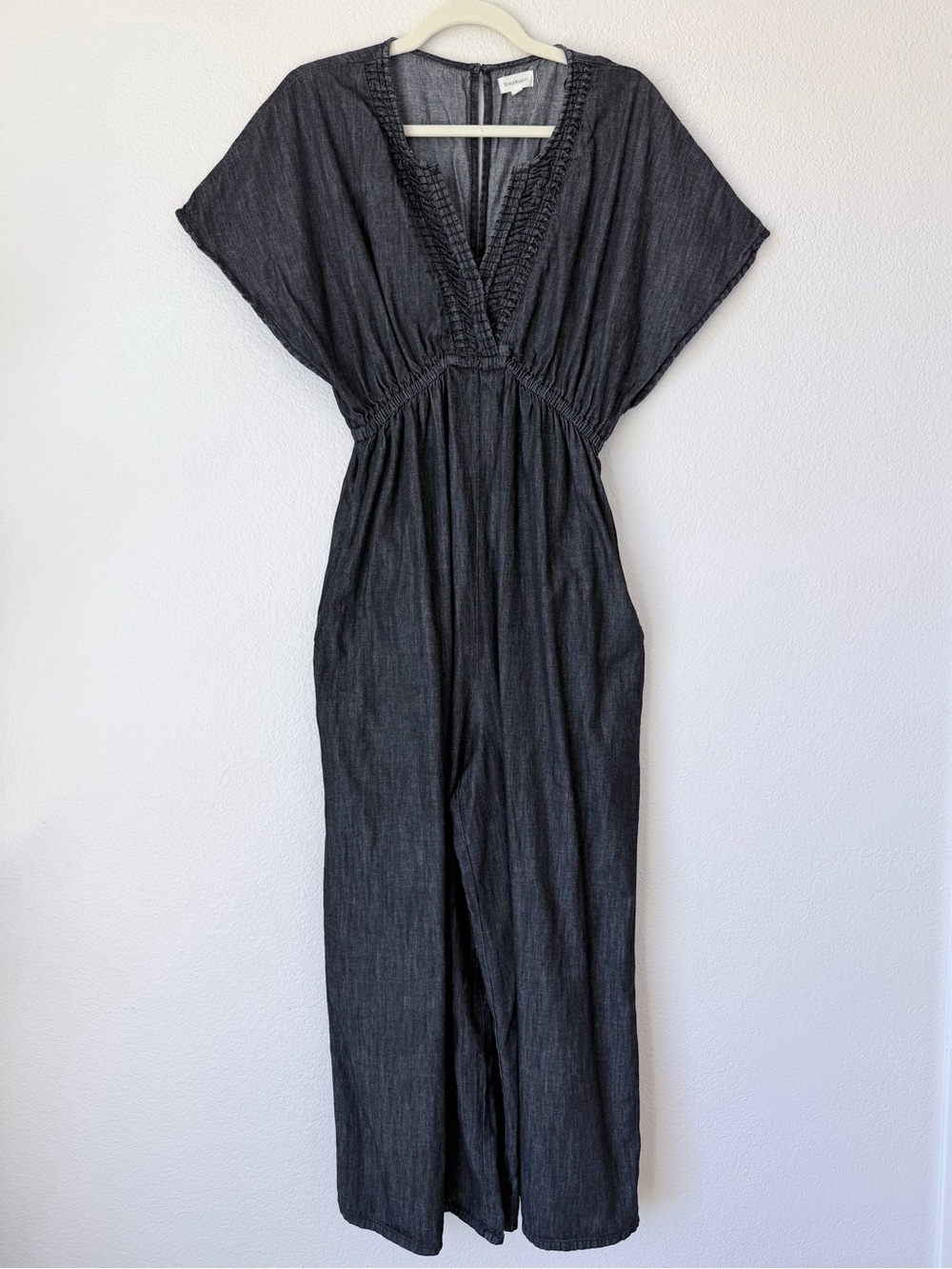 World Market Charcoal Chambray Wide Leg Jumpsuit S/M Deep V Boho Cotton